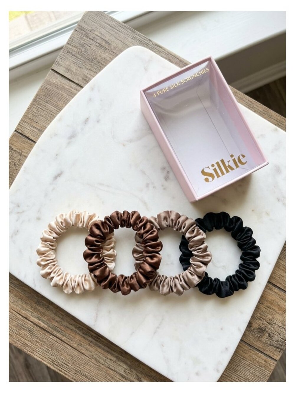 100% Mulberry Silk Skinny Scrunchies Set of 4 No Damage Hair Ties